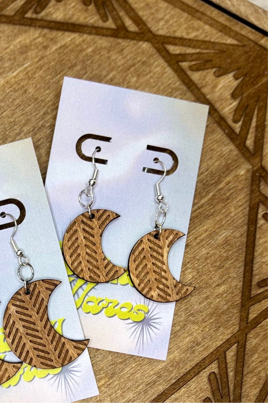 Herringbone Engraved Moons - Natural Wood Earrings