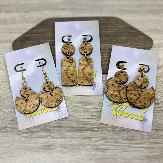 Engraved Constellations - Natural Wood Earrings