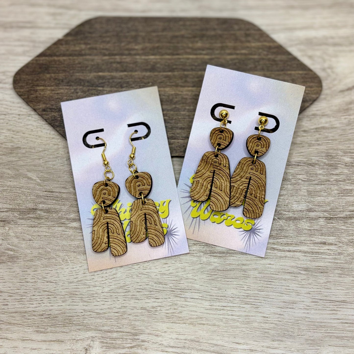 Engraved Geometric Swirl - Natural Wood Earrings
