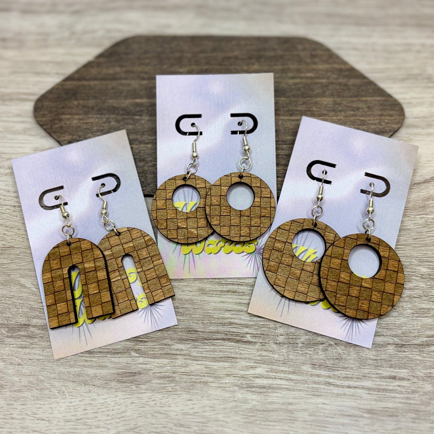 Engraved Checkerz - Natural Wood Earrings