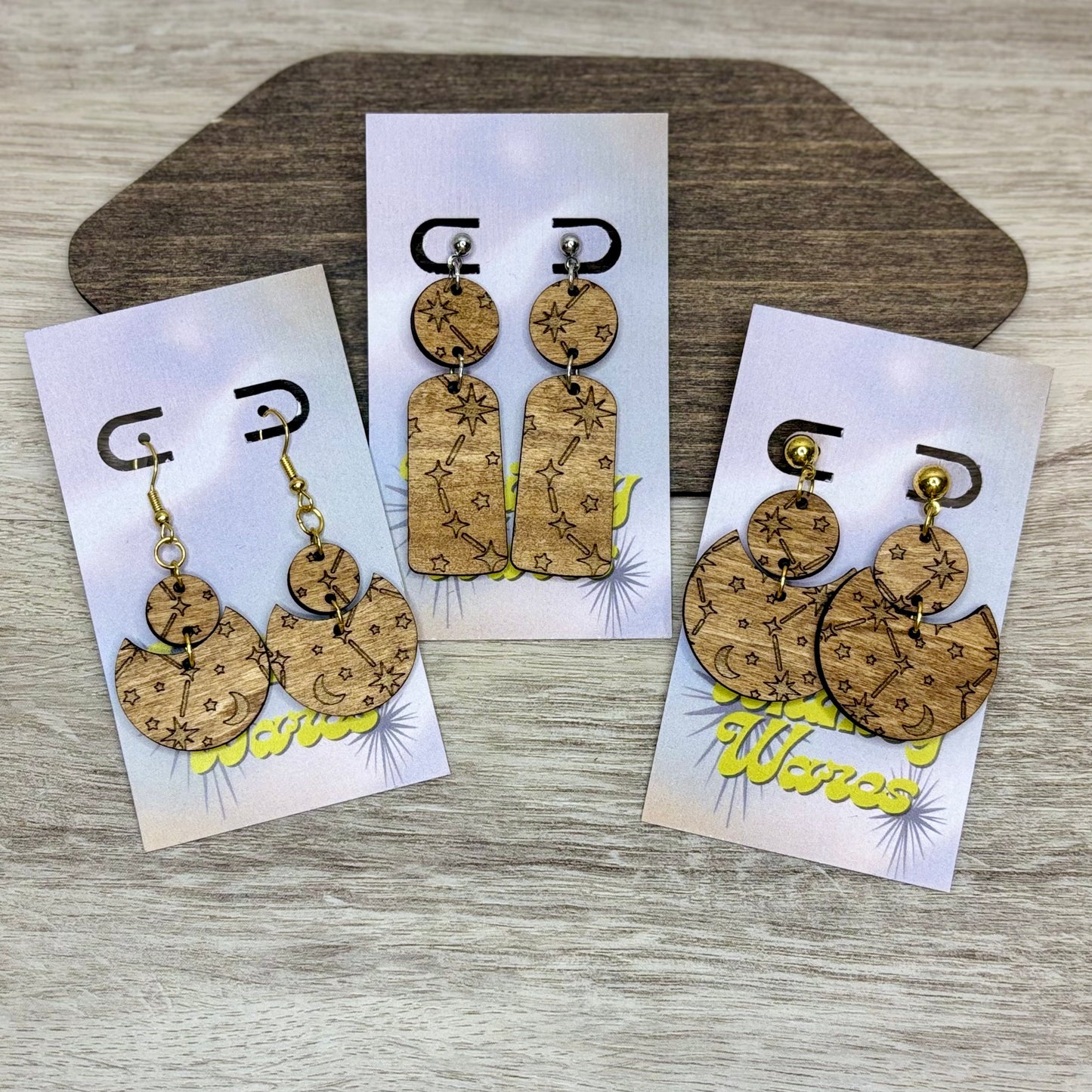 Engraved Constellations - Natural Wood Earrings