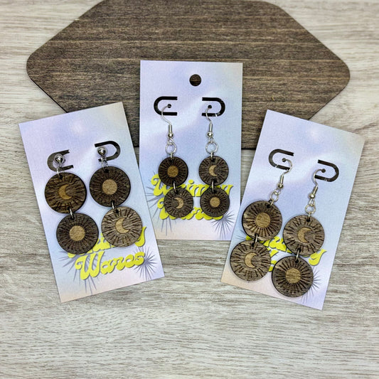 Engraved Sun & Moon - Natural Wood Earrings
