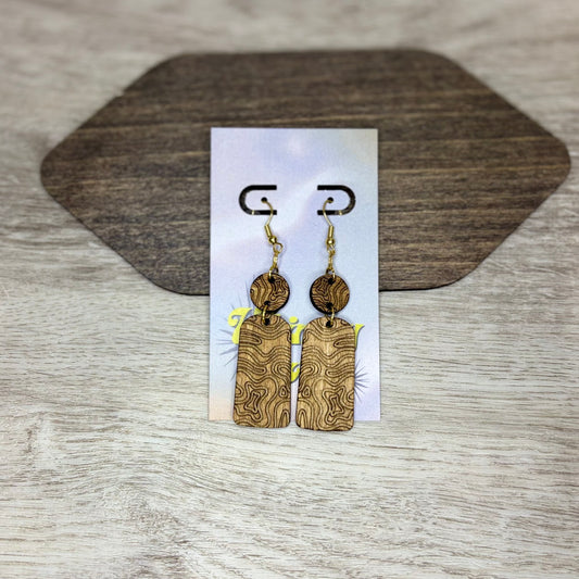 Engraved Squiggle Lines Double Dangles - Natural Wood Earrings